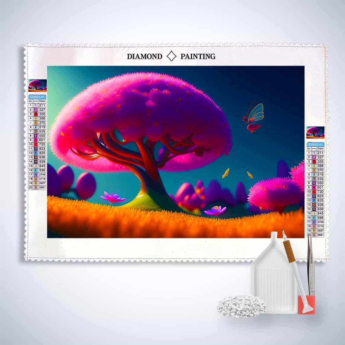 Diamond Painting - Pinker Baum im Feld - gedruckt in Ultra-HD - Fantasy, Horizontal, Landschaft