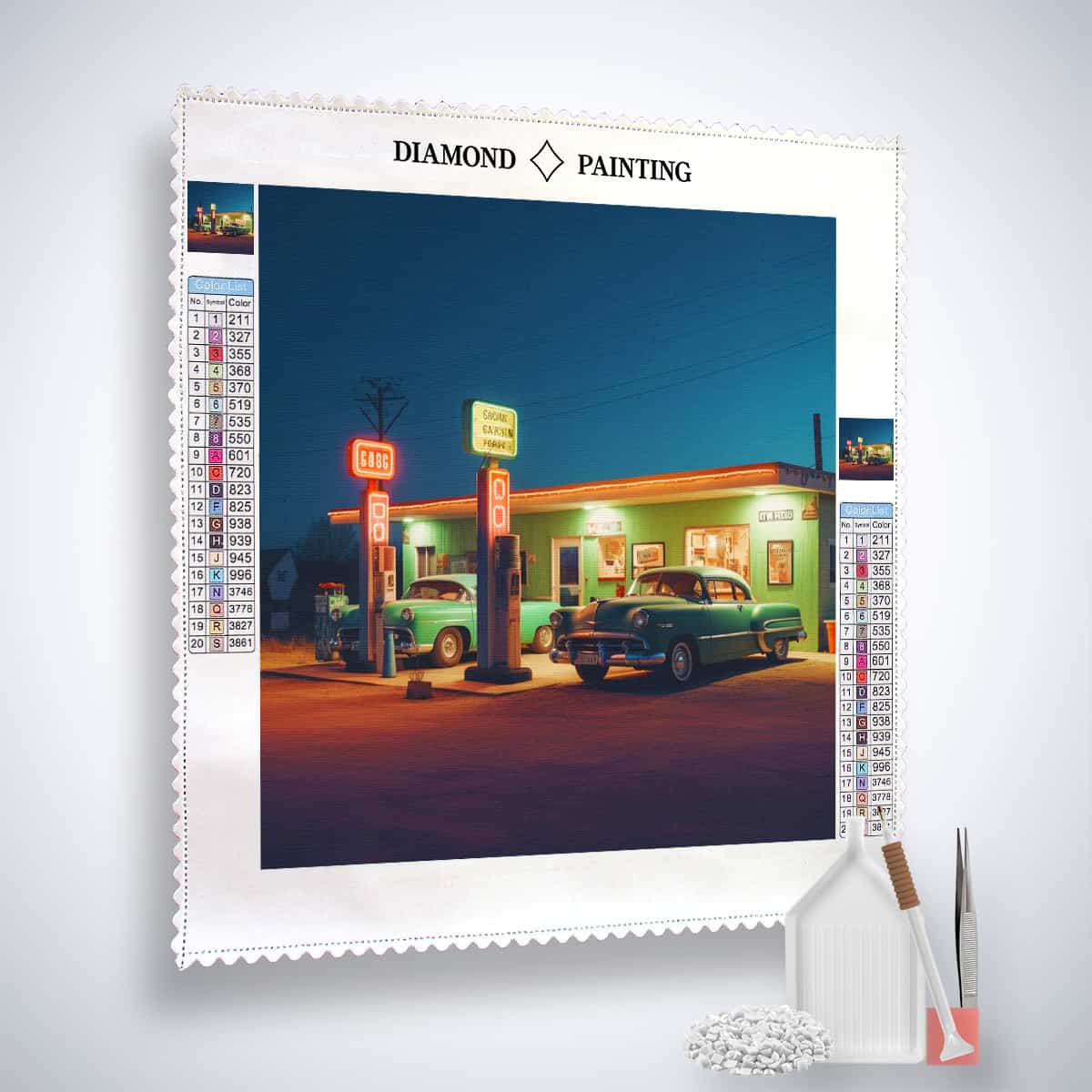 Diamond Painting - Nostalgische Tankstelle - gedruckt in Ultra-HD - Auto, Neu eingetroffen, Quadratisch, Retro, Route 66