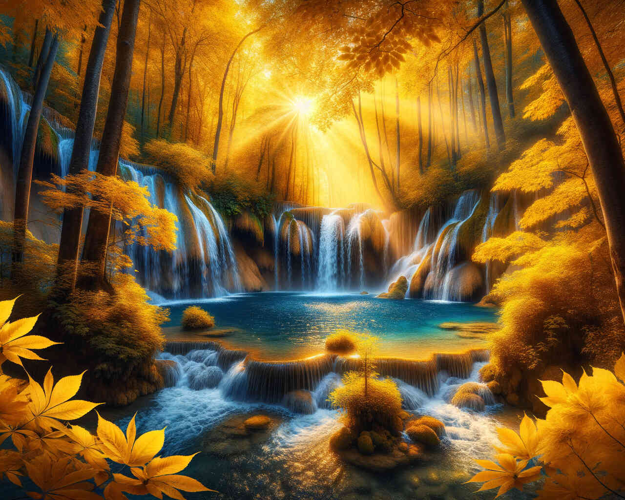 Diamond Painting - Wasserfall im gelben Wald