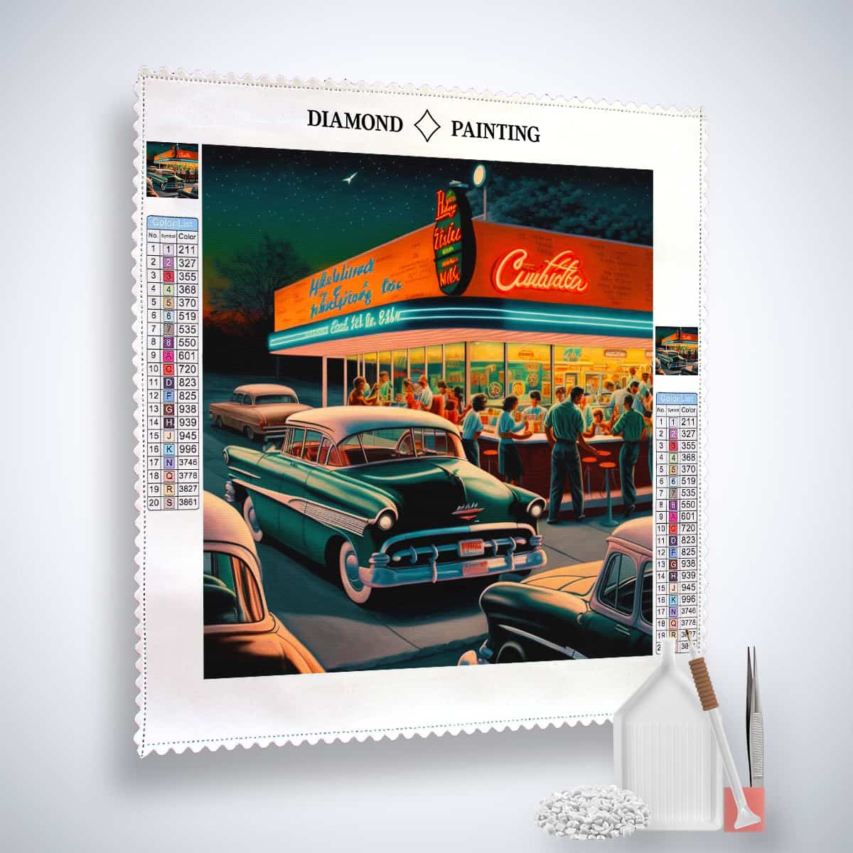 Diamond Painting - Vintage-Tankstelle und Chromjuwel - gedruckt in Ultra-HD - Auto, Neu eingetroffen, Quadratisch, Retro, Route 66