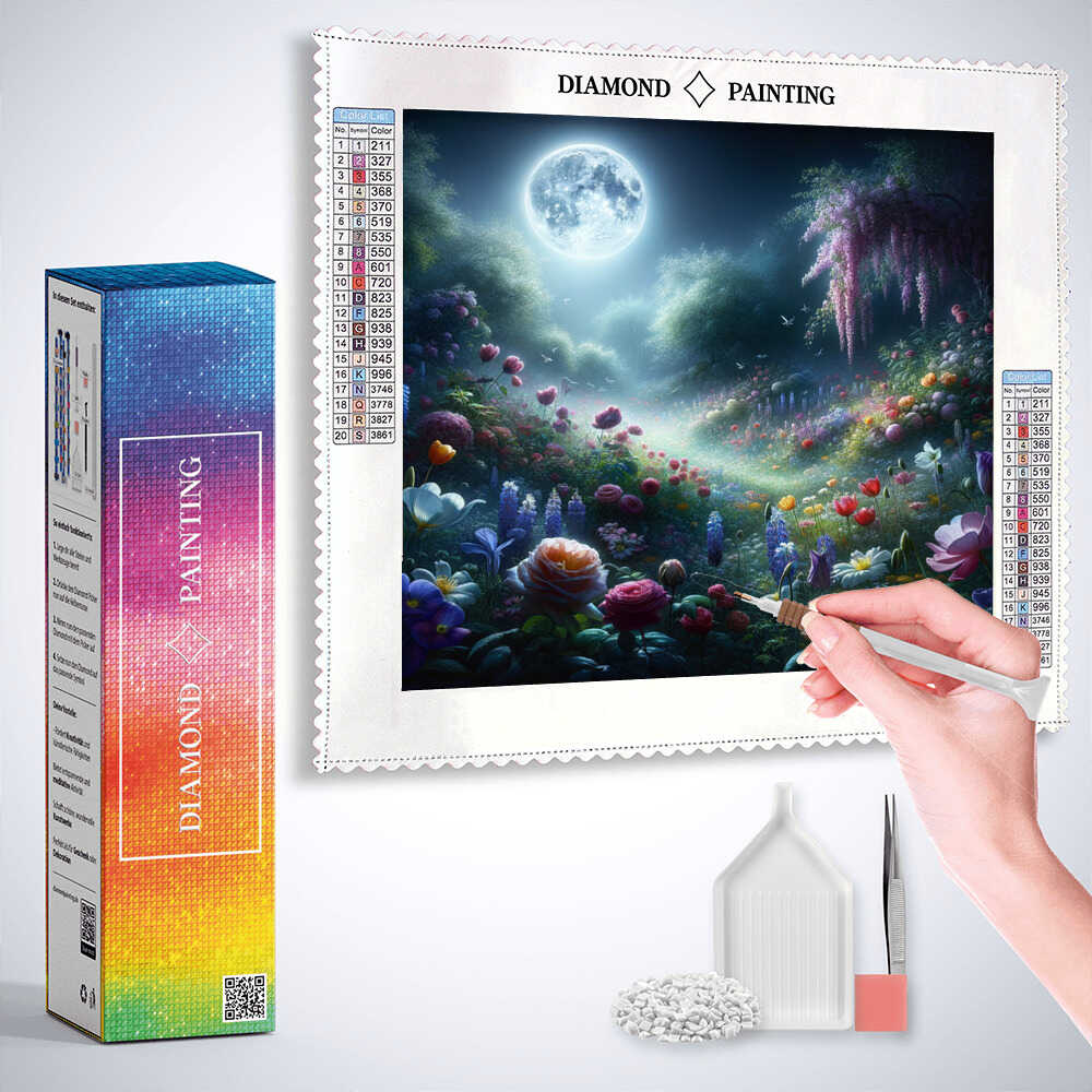 Diamond Painting - Mondnacht im Blumengarten