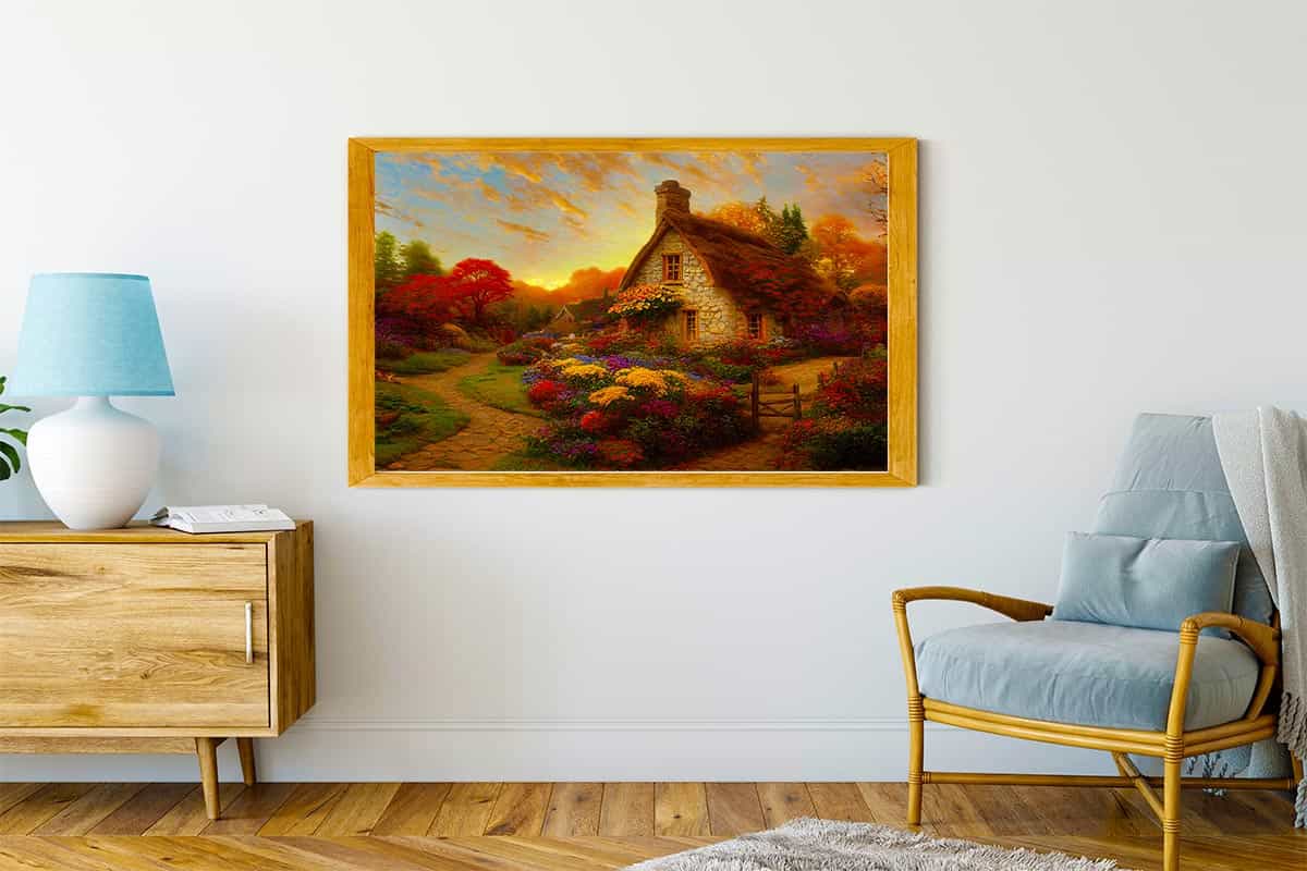 Diamond Painting - Häuschen im Sonnenuntergang - gedruckt in Ultra-HD - Horizontal, Landschaft, Wald