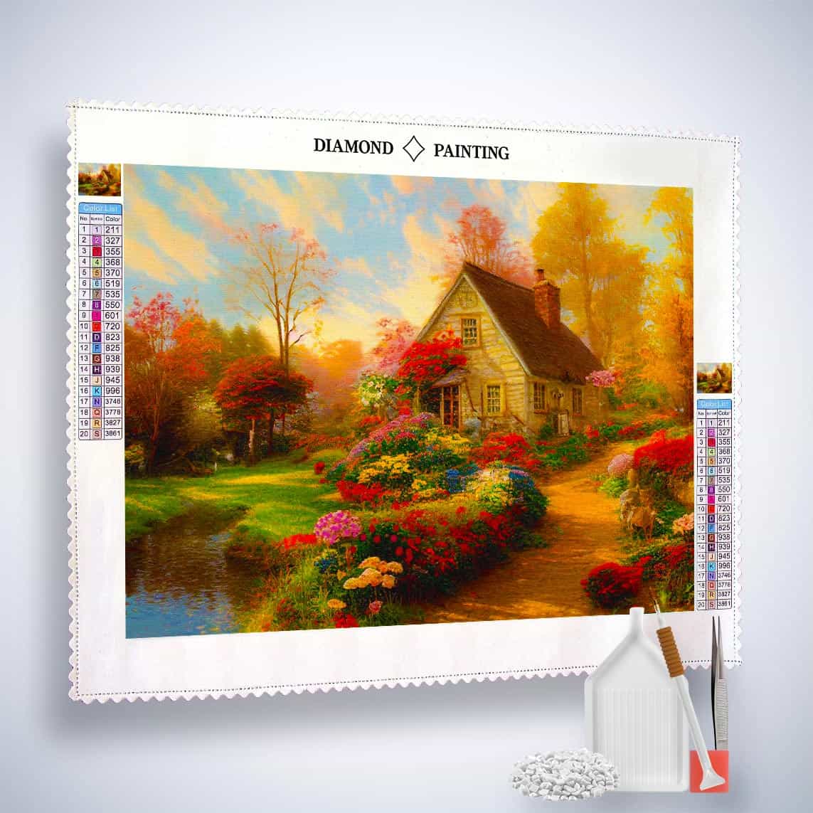Diamond Painting - Blumenweg zum Haus am See - gedruckt in Ultra-HD - Blumen, Horizontal, Landschaft