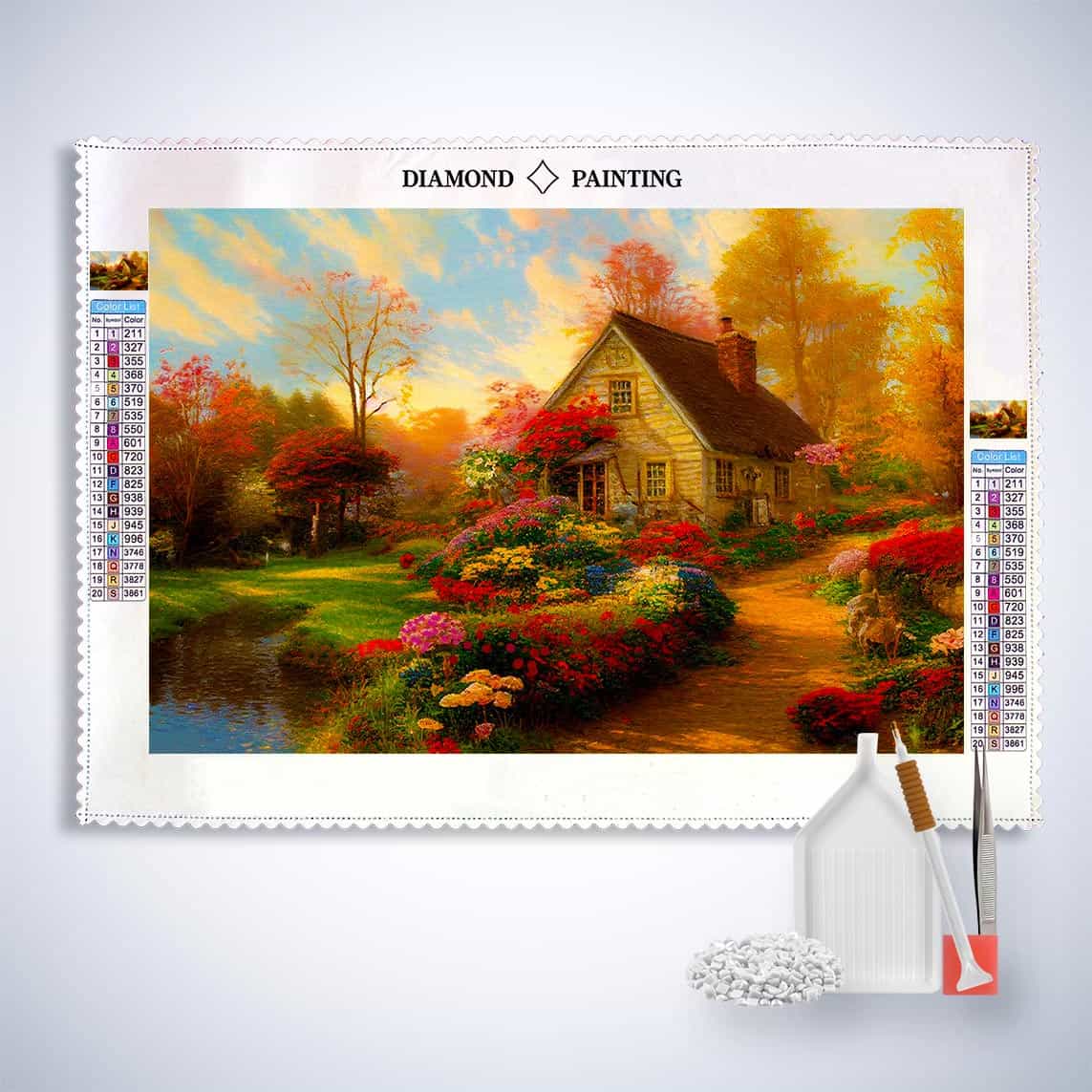 Diamond Painting - Blumenweg zum Haus am See - gedruckt in Ultra-HD - Blumen, Horizontal, Landschaft