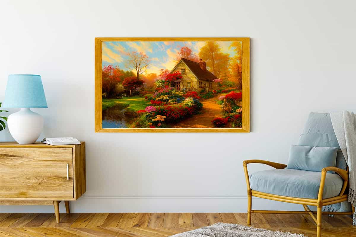 Diamond Painting - Blumenweg zum Haus am See - gedruckt in Ultra-HD - Blumen, Horizontal, Landschaft