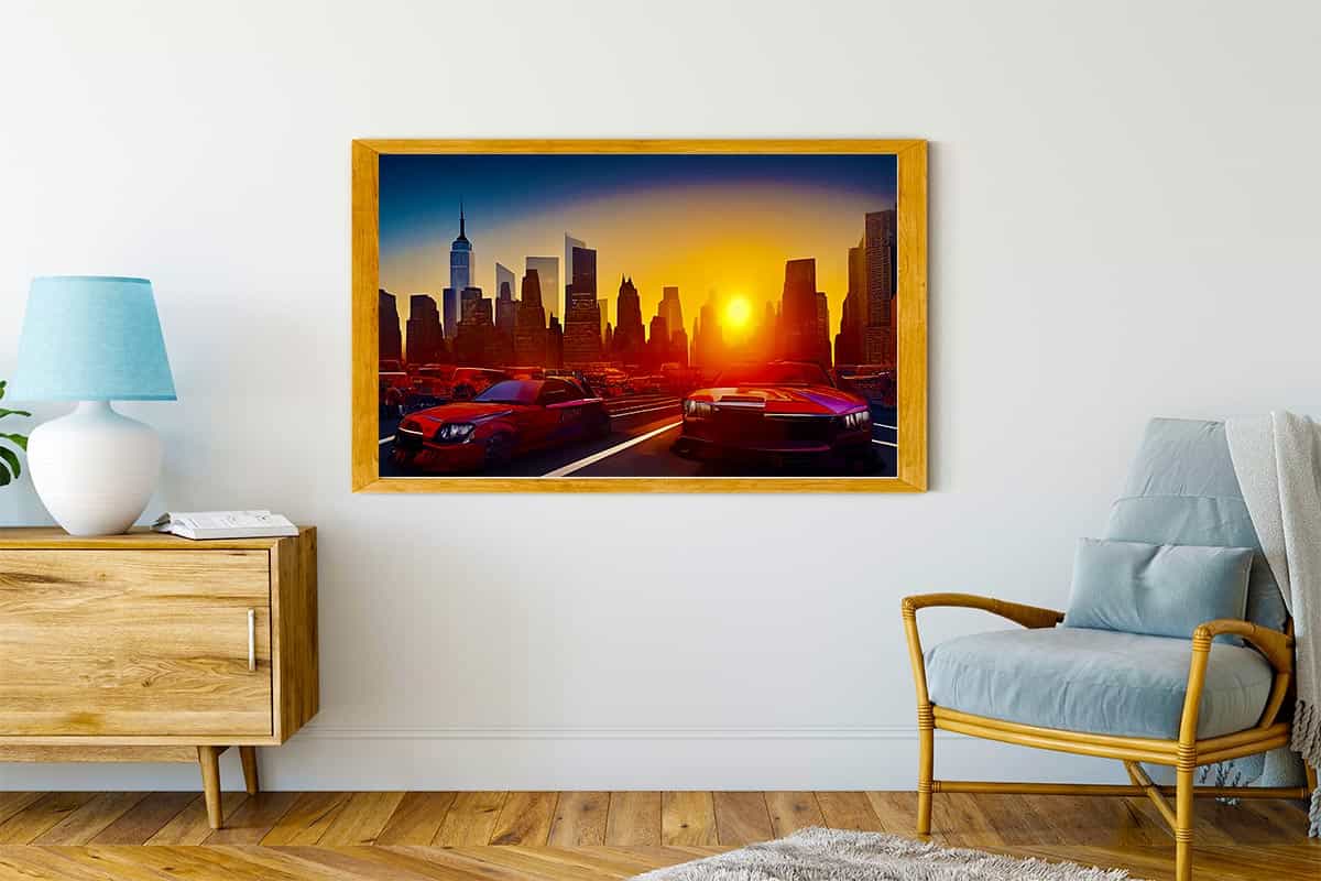Diamond Painting - Skyline im Sonnenuntergang - gedruckt in Ultra-HD - Auto, Horizontal, Städte