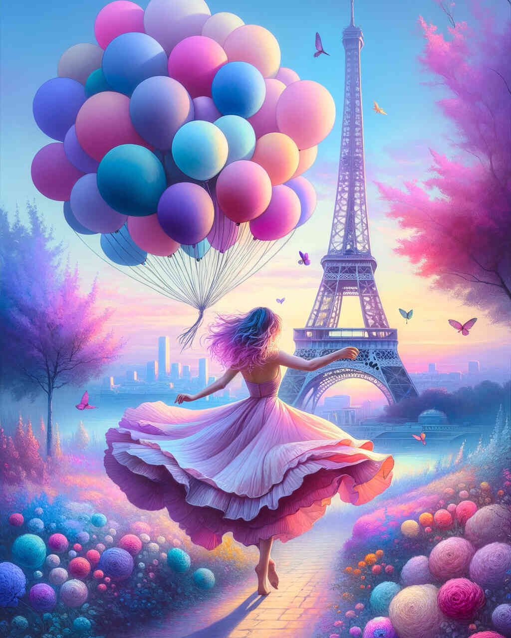Federleicht: Frau mit Ballons am Eiffelturm