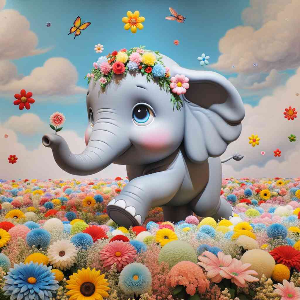 Diamond Painting - Elefant mit Blumen, Cartoon