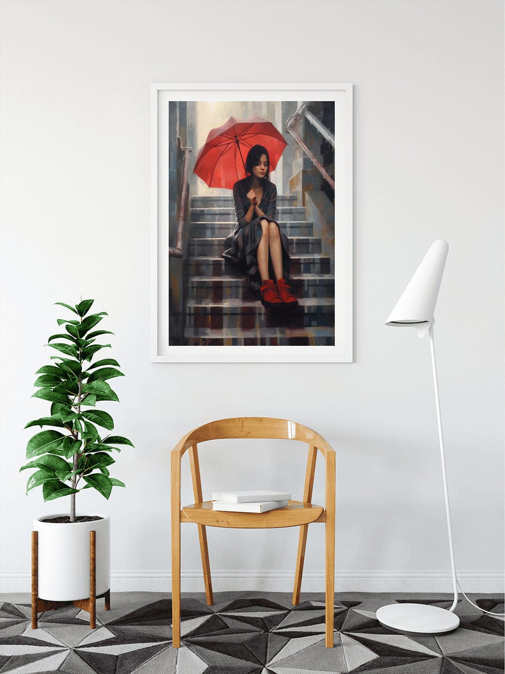 Diamond Painting - Frau auf Treppe, Regenschirm