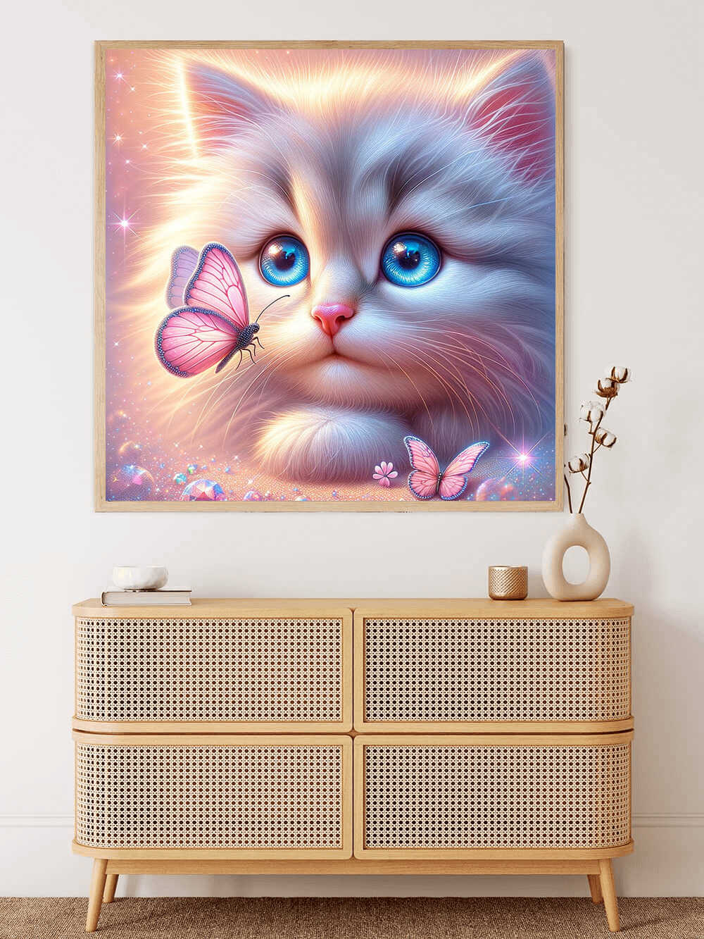 Diamond Painting - Kätzchen mit rosa Schmetterling