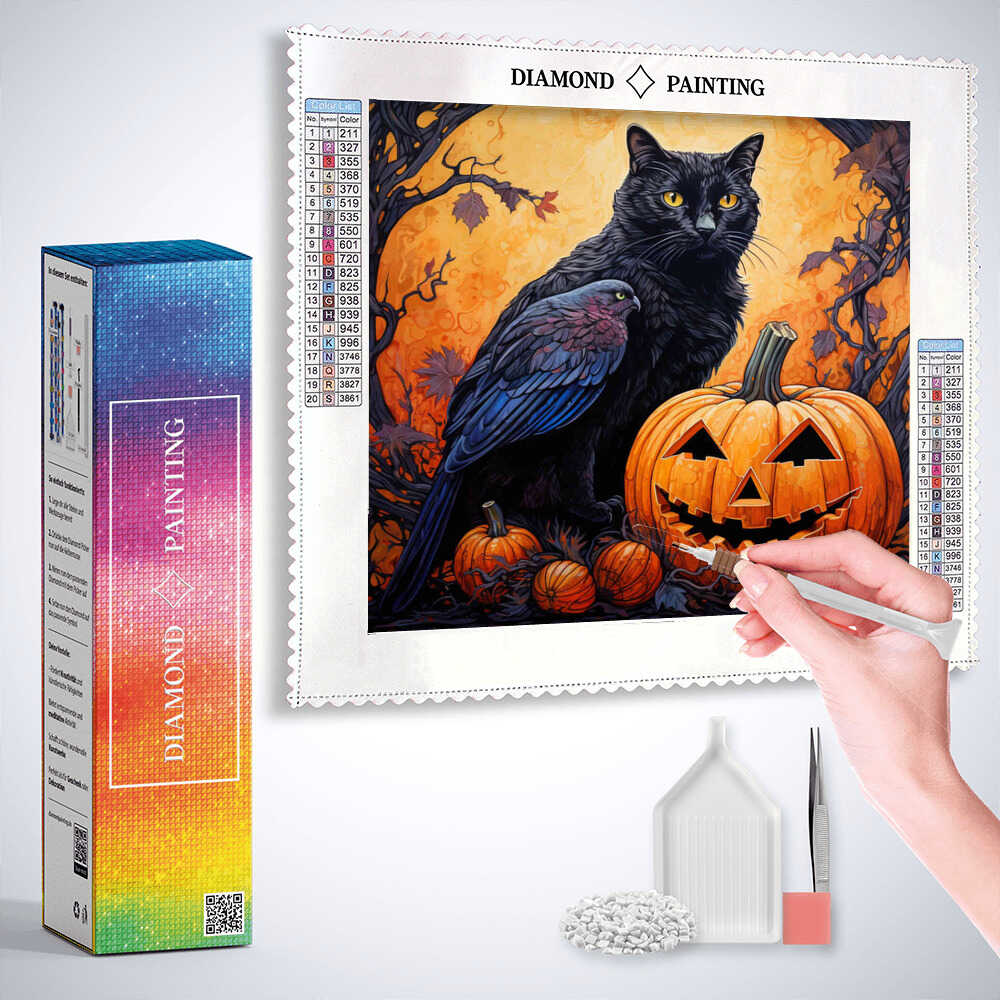 Diamond Painting - crow and cat and pumpkin