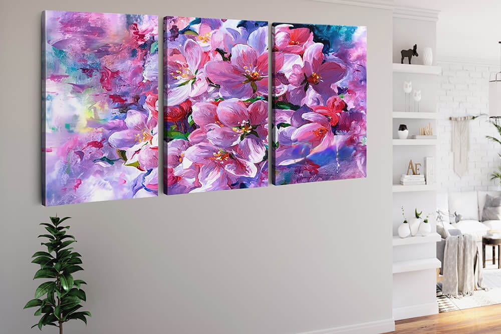 Diamond Painting 3 teilig - Abstrakte Pinke Blumen in drei - gedruckt in Ultra-HD - multi3