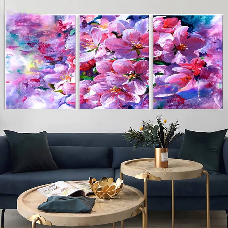 Diamond Painting 3 teilig - Abstrakte Pinke Blumen in drei - gedruckt in Ultra-HD - multi3