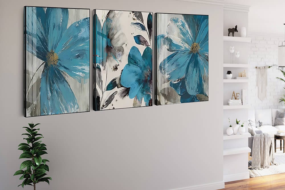 Diamond Painting 3 teilig - Drei Blaue Blumen - gedruckt in Ultra-HD - multi3