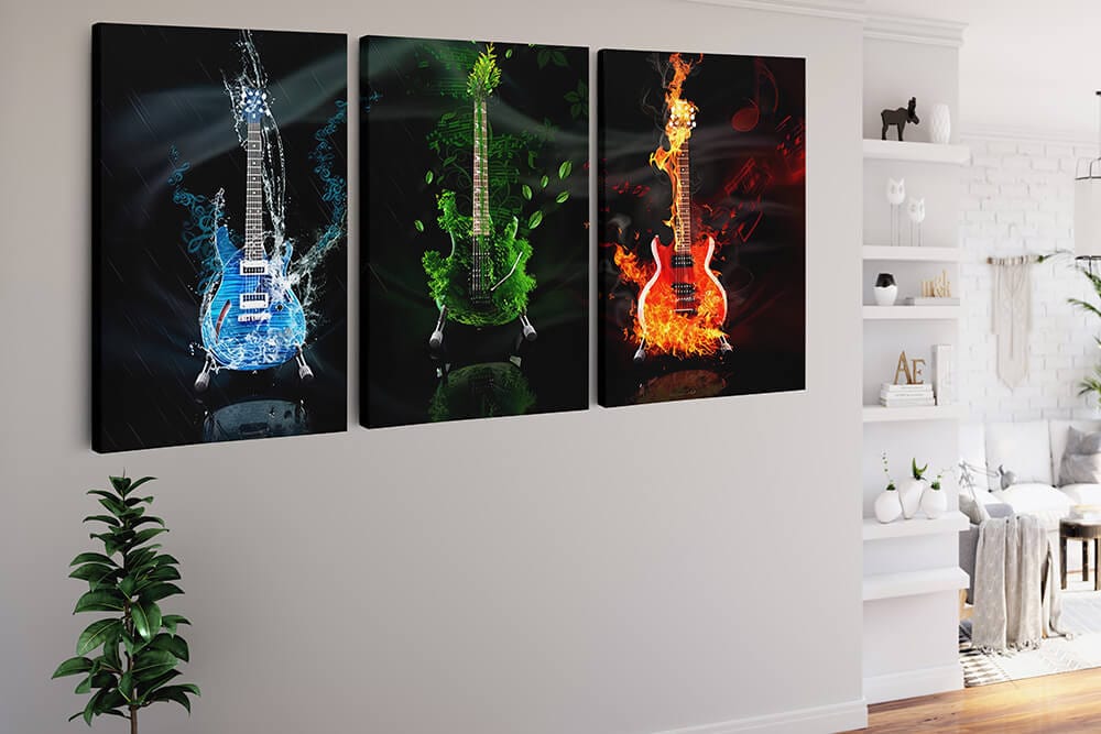 Diamond Painting 3 teilig - Drei Gitarren, Feuer Laub und Wasser - gedruckt in Ultra-HD - multi3