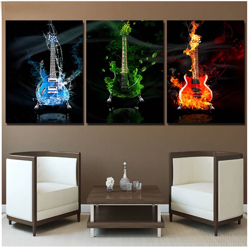 Diamond Painting 3 teilig - Drei Gitarren, Feuer Laub und Wasser - gedruckt in Ultra-HD - multi3