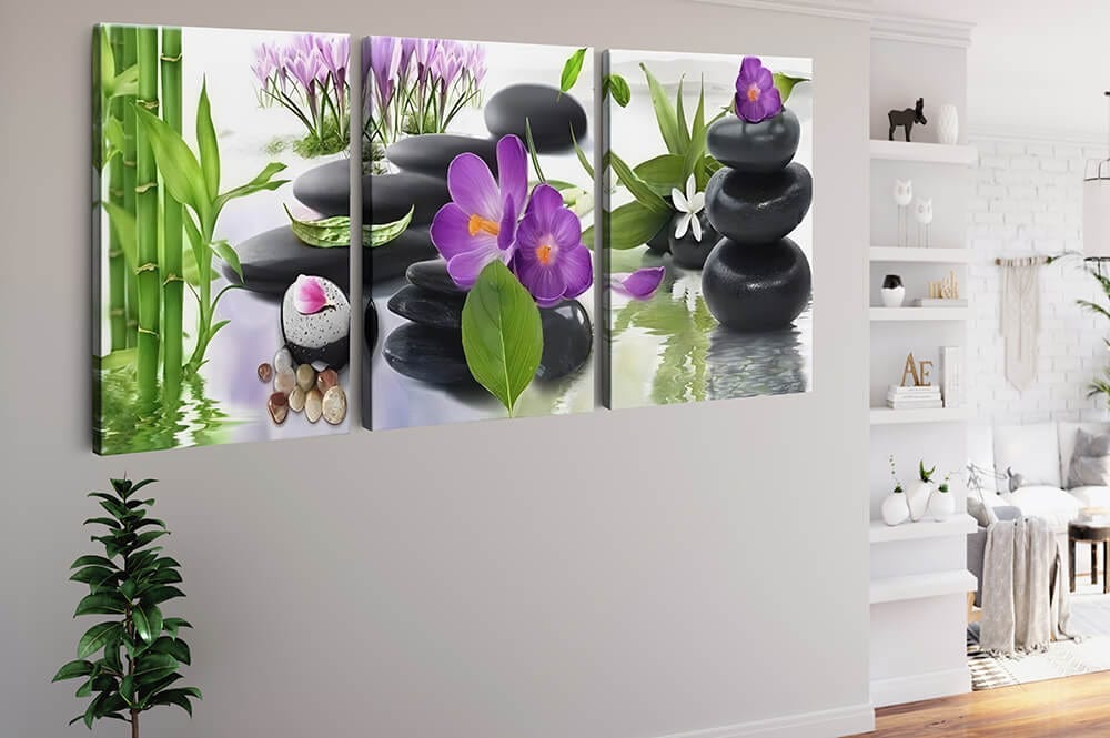 Diamond Painting 3 teilig - Orchideen und Bambus, Wasser - gedruckt in Ultra-HD - multi3
