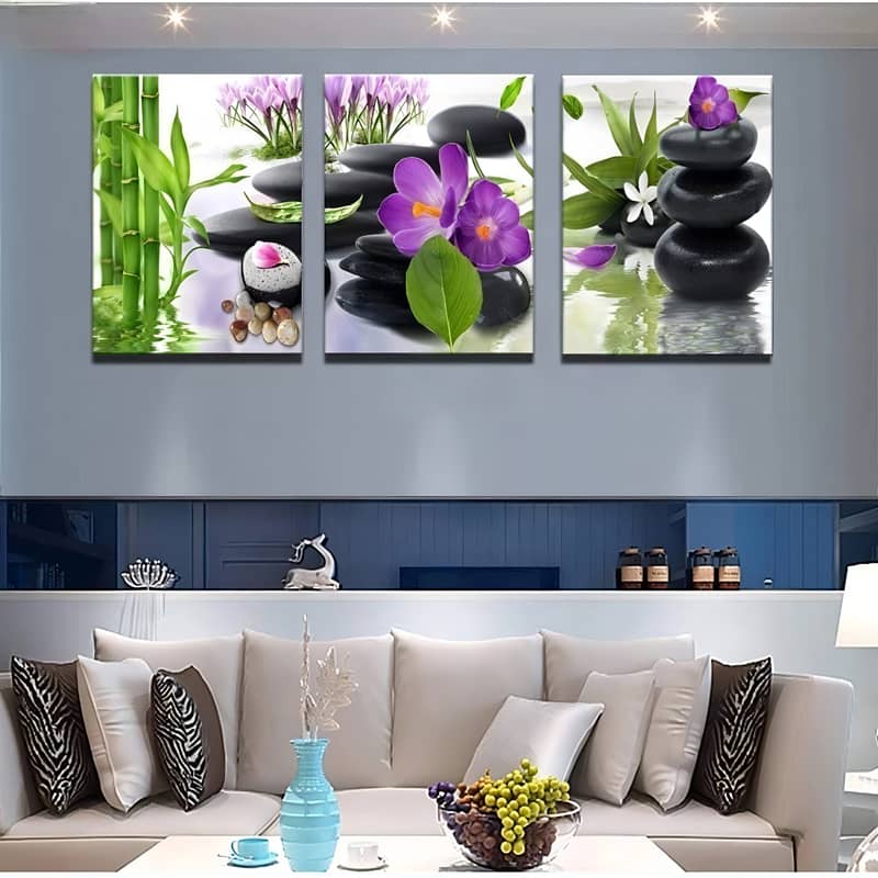 Diamond Painting 3 teilig - Orchideen und Bambus, Wasser - gedruckt in Ultra-HD - multi3