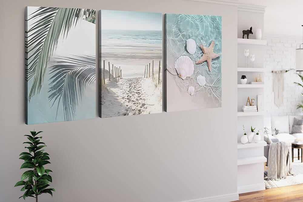 Diamond Painting 3 teilig - Palmen, Strand und Muscheln mit Seestern - gedruckt in Ultra-HD - multi3