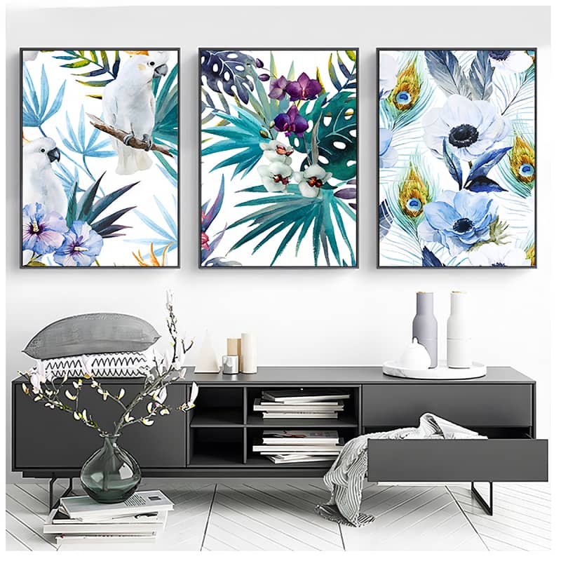 Diamond Painting 3 teilig - Papageien, Federn und Blumen - gedruckt in Ultra-HD - multi3