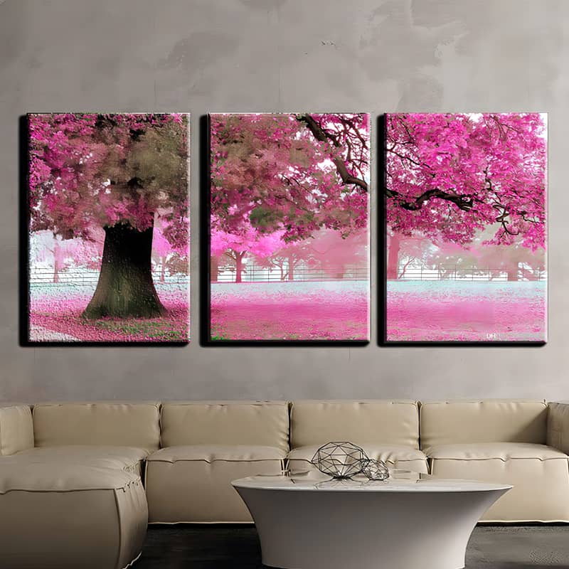 Diamond Painting 3 teilig - Pinker großer Baum im Park - gedruckt in Ultra-HD - multi3
