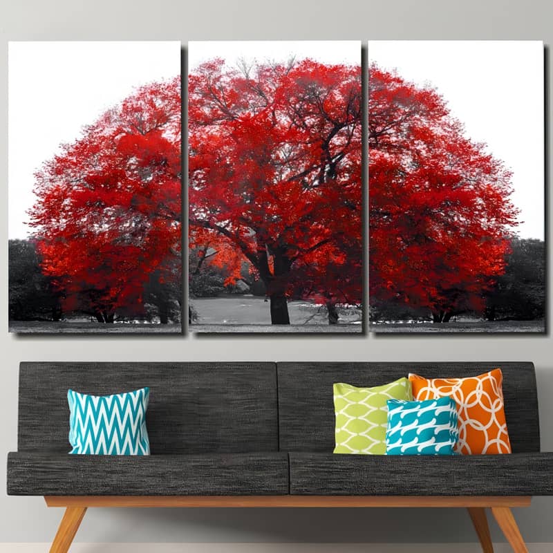 Diamond Painting 3 teilig - Prachtvoller Roter Baum, Schwarz und Weiß - gedruckt in Ultra-HD - multi3