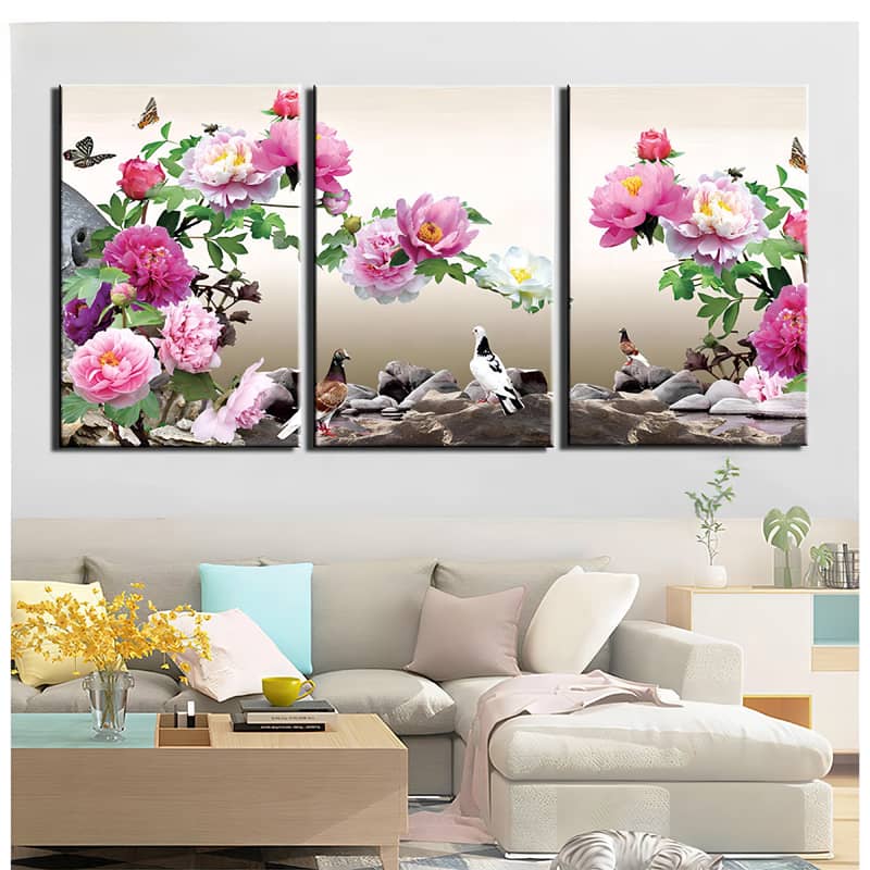 Diamond Painting 3 teilig - Rosen und Tauben mit Schmetterlingen - gedruckt in Ultra-HD - multi3