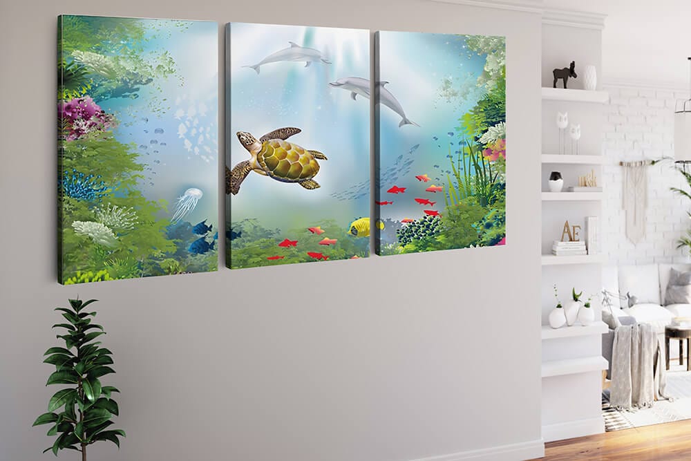 Diamond Painting 3 teilig - Schirldkröte schwimmt mit Delfinen - gedruckt in Ultra-HD - multi3