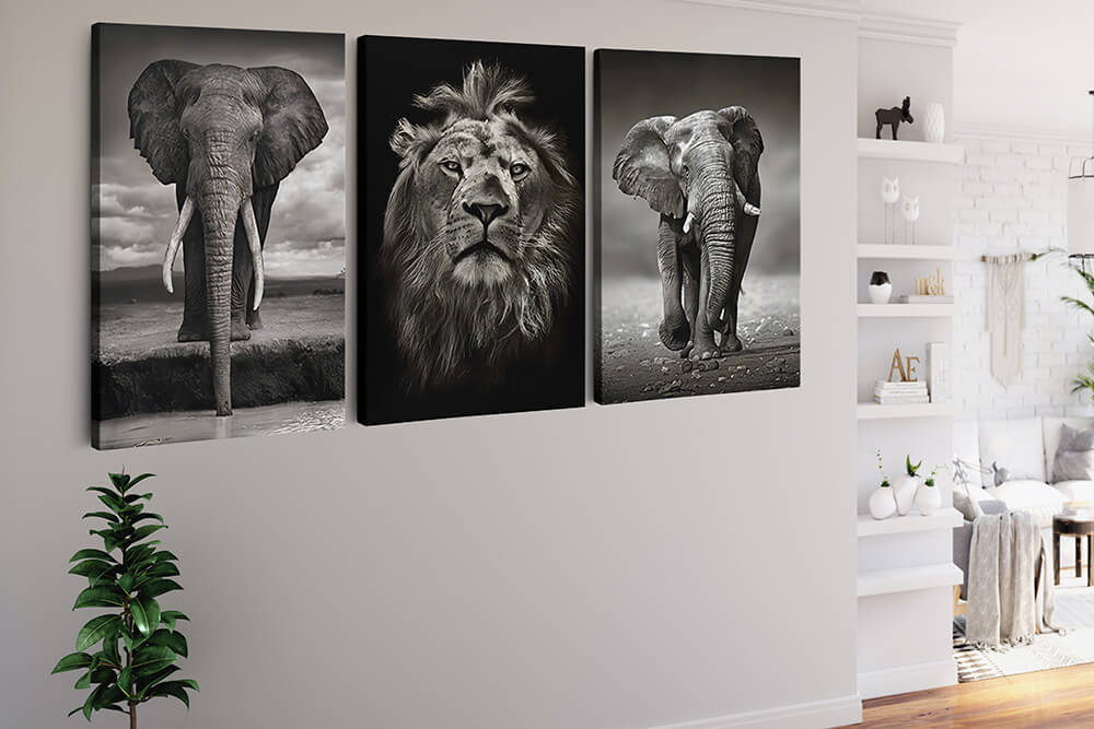 Diamond Painting 3 teilig - Schwarz und Weiß, Elefanten und Löwe - gedruckt in Ultra-HD - multi3