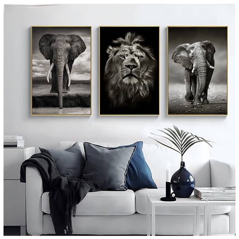 Diamond Painting 3 teilig - Schwarz und Weiß, Elefanten und Löwe - gedruckt in Ultra-HD - multi3