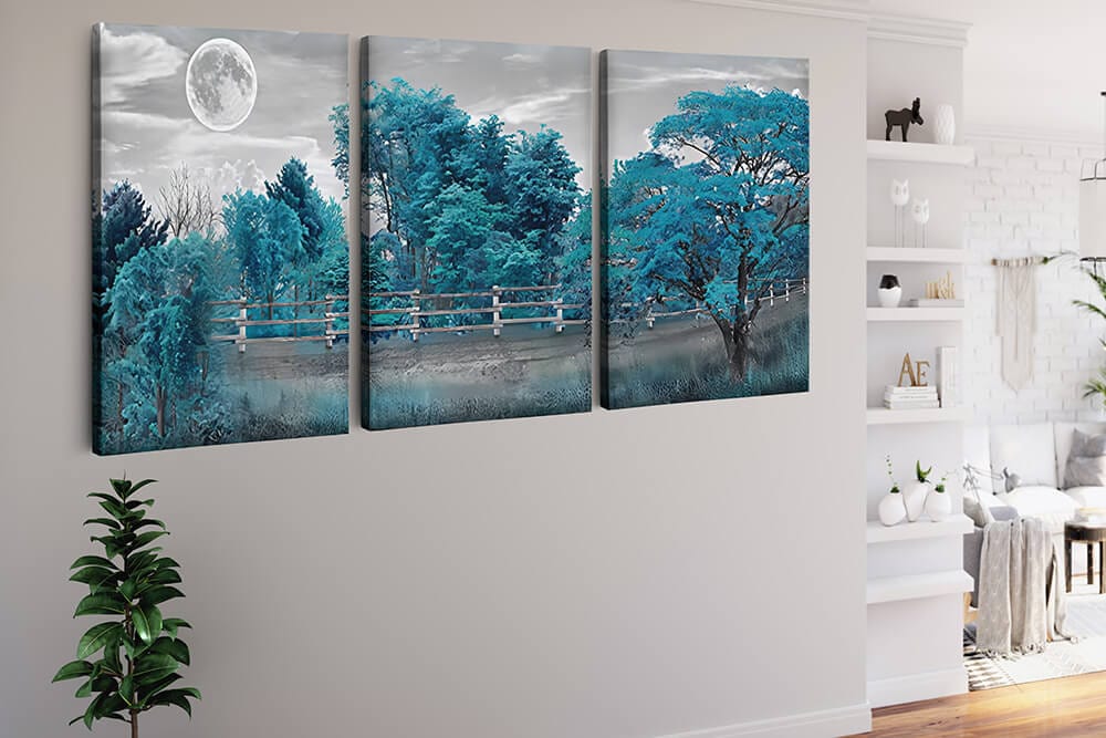 Diamond Painting 3 teilig - Wald in türkisblau, Schwarz und Weiß - gedruckt in Ultra-HD - multi3