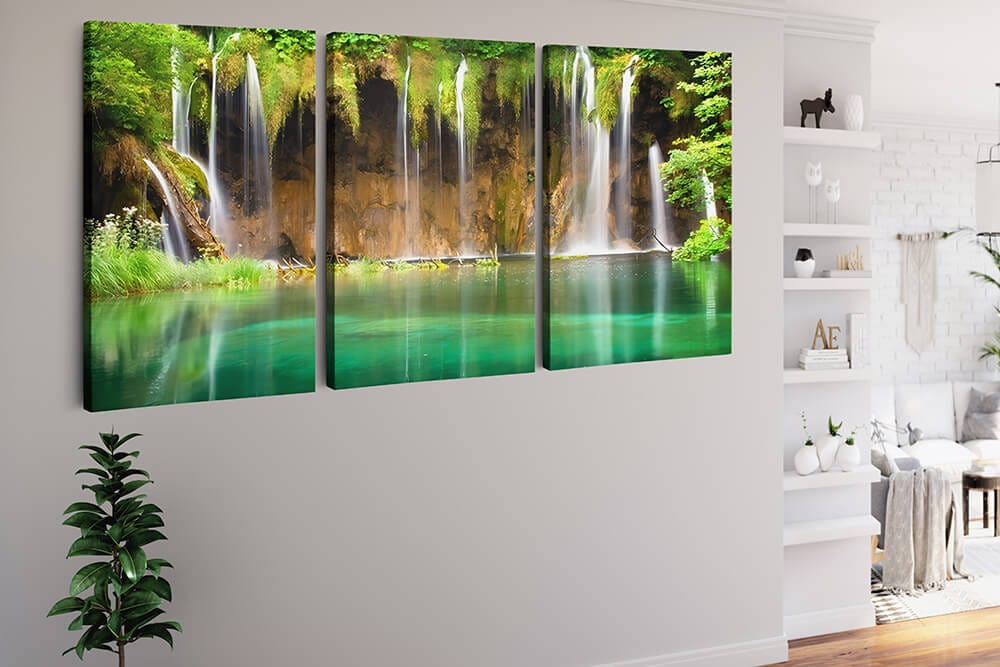 Diamond Painting 3 teilig - Wasserfallhöhle, Oase - gedruckt in Ultra-HD - multi3