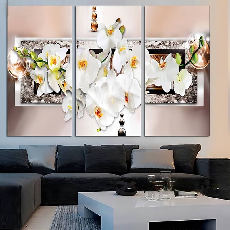 Diamond Painting 3 teilig - weiße Orchideen und Perlen - gedruckt in Ultra-HD - multi3