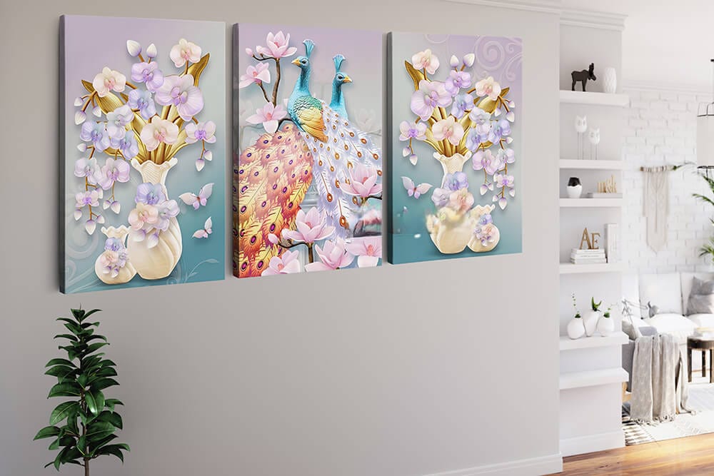 Diamond Painting 3 teilig - Zwei Pfaue und Blumen in Vasen - gedruckt in Ultra-HD - multi3