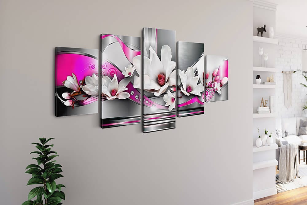 Diamond Painting 5 teilig - Abstrakte Blumen in Weiß mit Pink - gedruckt in Ultra-HD - multi5