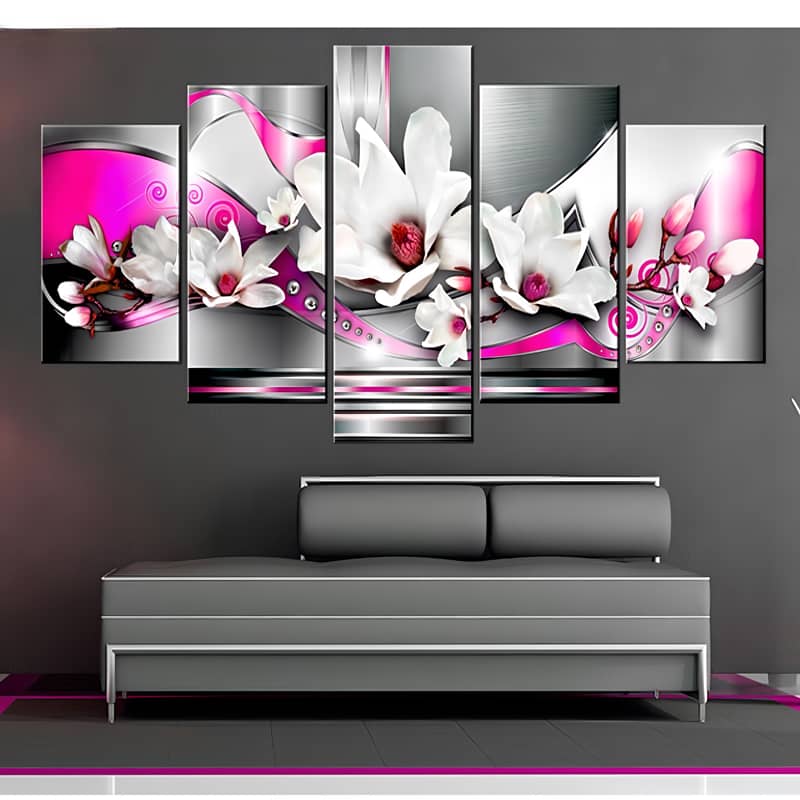 Diamond Painting 5 teilig - Abstrakte Blumen in Weiß mit Pink - gedruckt in Ultra-HD - multi5
