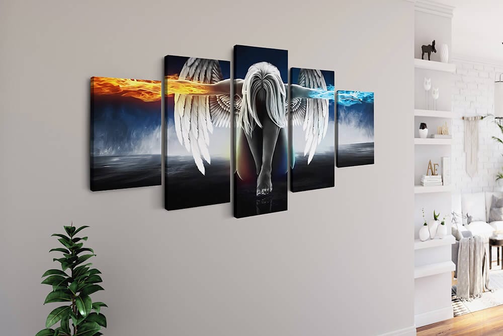Diamond Painting 5 teilig - Feuer und Wasser, Engel mit ausgestreckten Armen - gedruckt in Ultra-HD - multi5