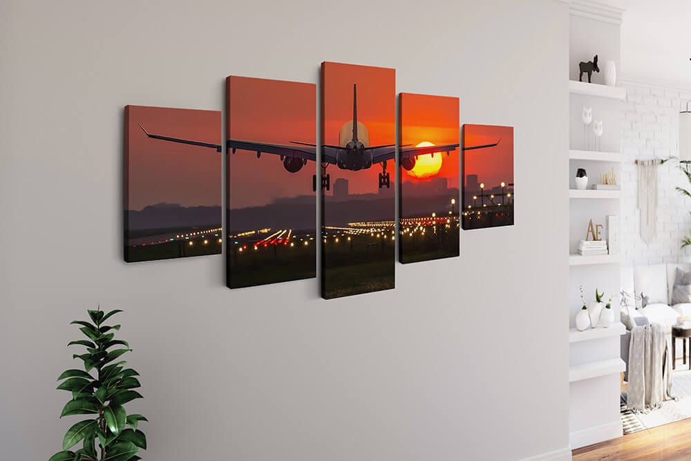 Diamond Painting 5 teilig - Flugzeug hebt ab in den Sonnenuntergang - gedruckt in Ultra-HD - multi5