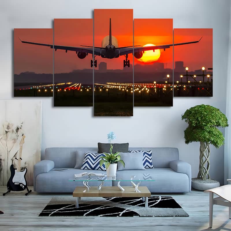 Diamond Painting 5 teilig - Flugzeug hebt ab in den Sonnenuntergang - gedruckt in Ultra-HD - multi5