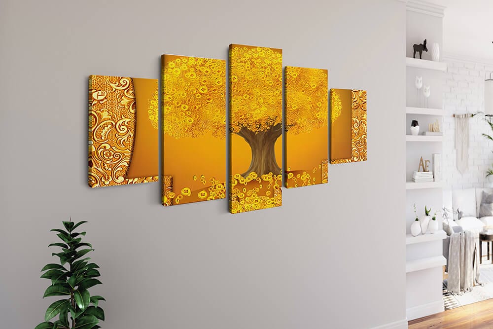 Diamond Painting 5 teilig - Gelb und goldener Baum, Abstrakt - gedruckt in Ultra-HD - multi5