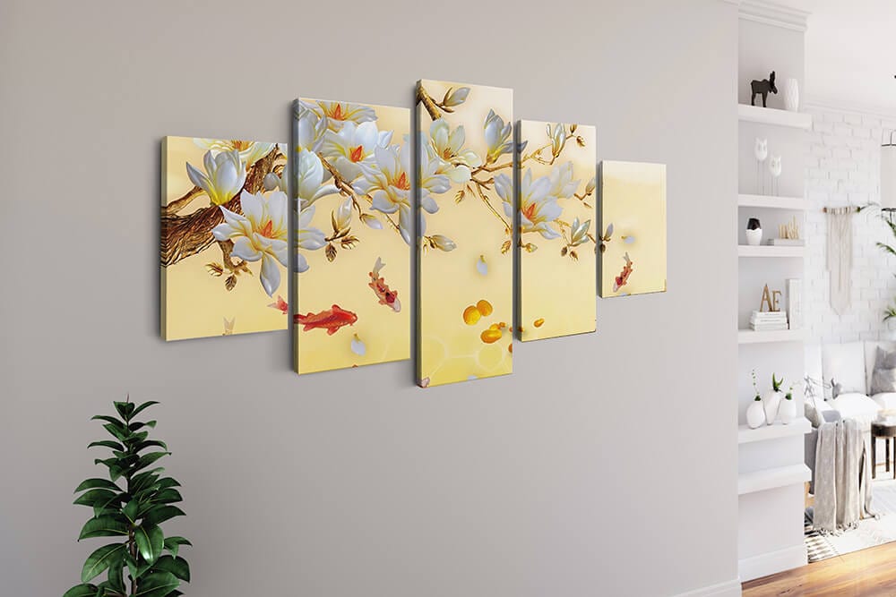 Diamond Painting 5 teilig - Gelber Koi Teich mit Blumenpracht - gedruckt in Ultra-HD - multi5