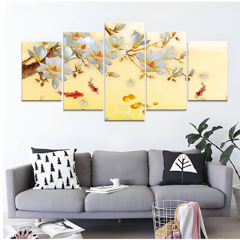 Diamond Painting 5 teilig - Gelber Koi Teich mit Blumenpracht - gedruckt in Ultra-HD - multi5
