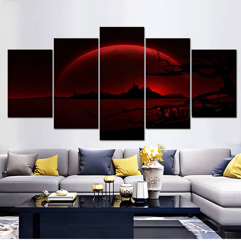 Diamond Painting 5 teilig - Großer Roter Mond hinter den Bergen - gedruckt in Ultra-HD - multi5