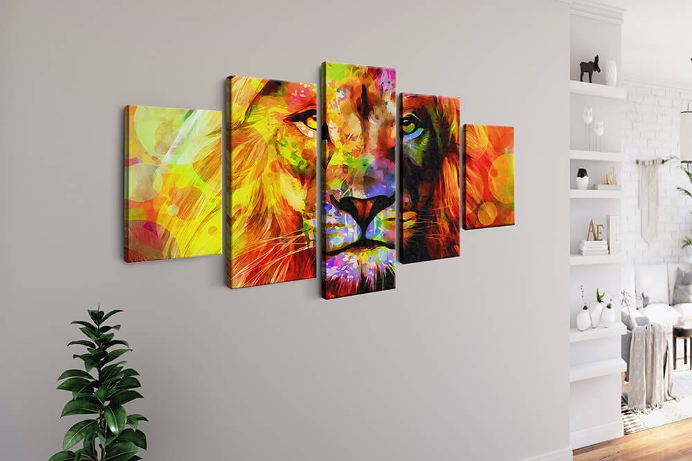 Diamond Painting 5 teilig - Hübscher Löwe, bunt und abstrakt - gedruckt in Ultra-HD - multi5