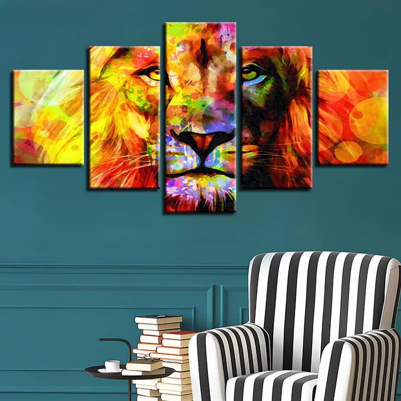 Diamond Painting 5 teilig - Hübscher Löwe, bunt und abstrakt - gedruckt in Ultra-HD - multi5