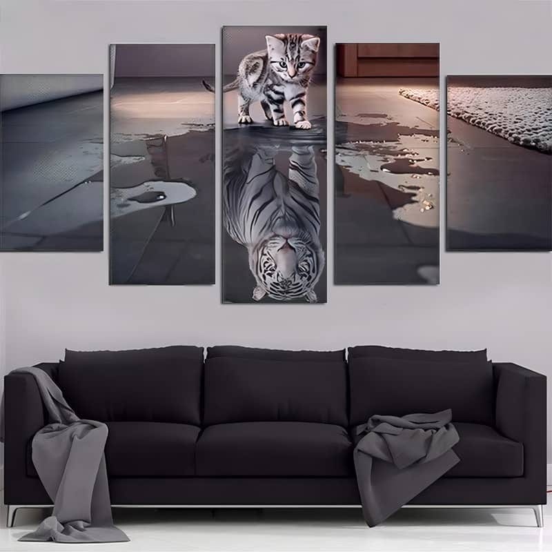 Diamond Painting 5 teilig - Kleine Katze, Weißer Tiger, Spiegelbild in Schwarz und Weiß - gedruckt in Ultra-HD - multi5