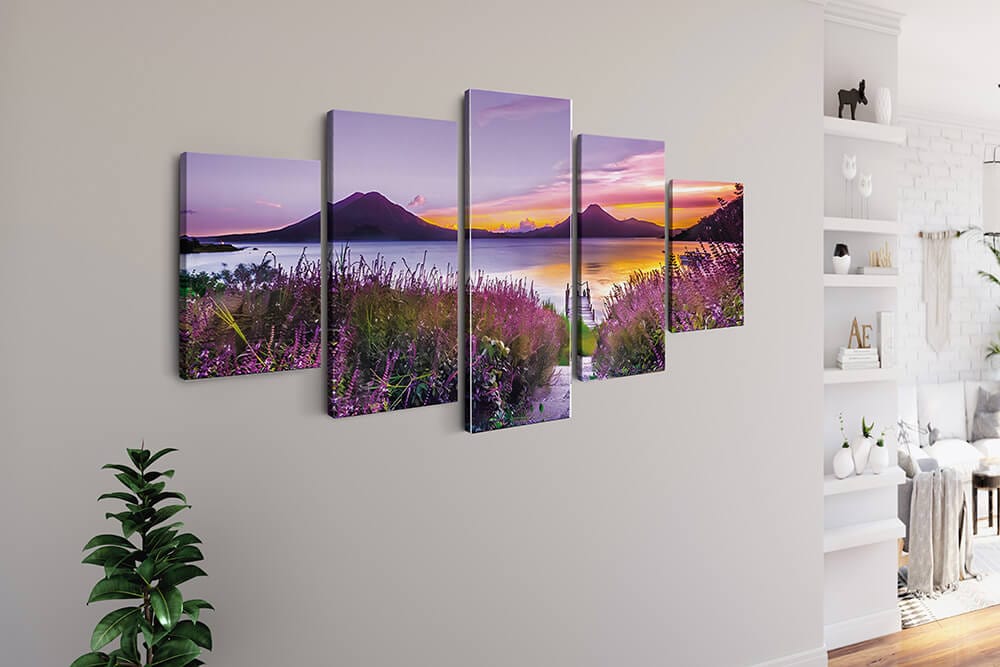 Diamond Painting 5 teilig - Lavendelfeld am Bergsee, Sonnenuntergang - gedruckt in Ultra-HD - multi5