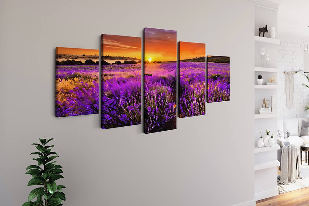 Diamond Painting 5 teilig - Lavendelfeld in Violett, Sonnenuntergang - gedruckt in Ultra-HD - multi5