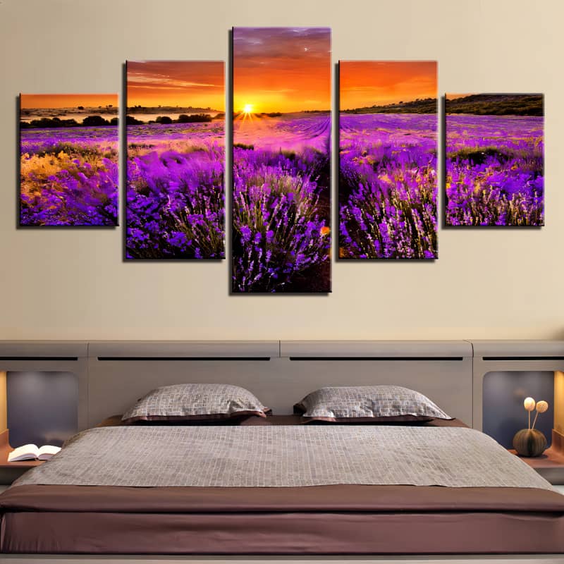 Diamond Painting 5 teilig - Lavendelfeld in Violett, Sonnenuntergang - gedruckt in Ultra-HD - multi5