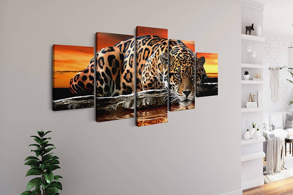 Diamond Painting 5 teilig - Liegender Leopard, vor dem Sonnenuntergang - gedruckt in Ultra-HD - multi5
